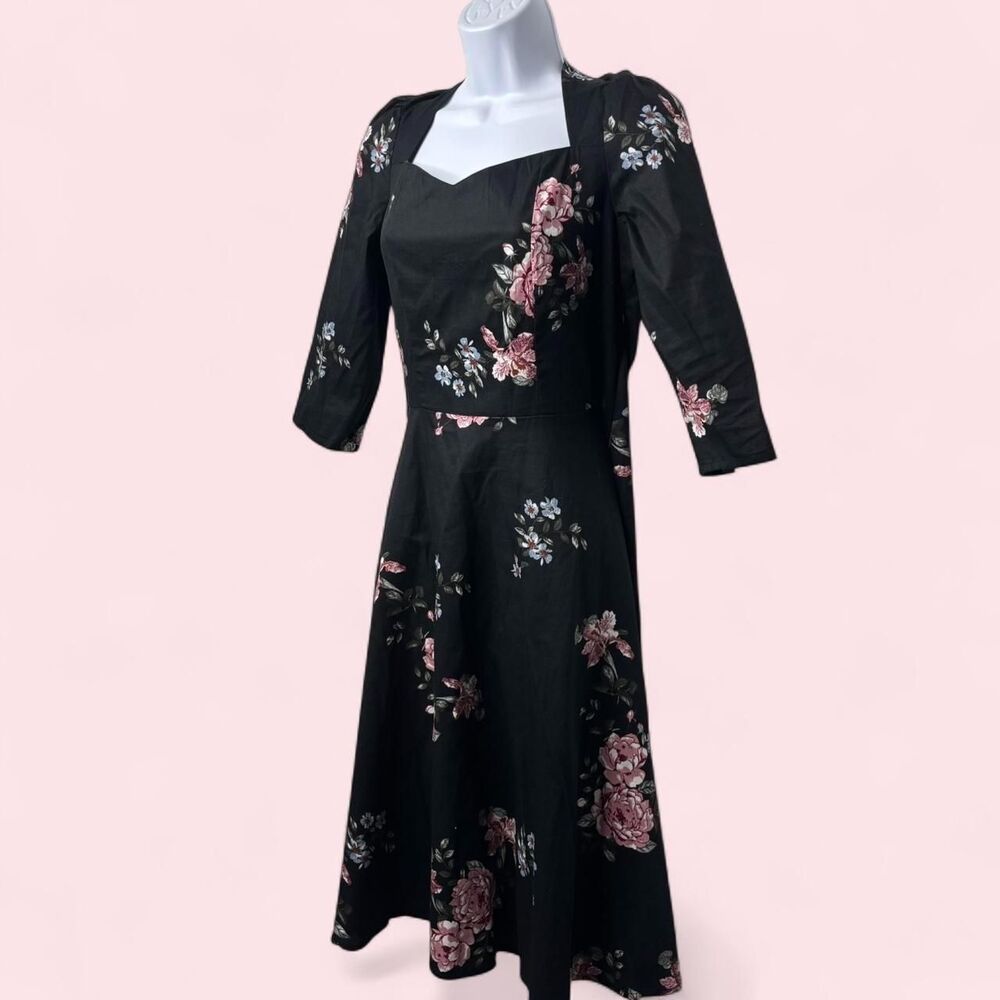 Women's M Black Floral Midi Dress Sweetheart Neck Open Back Bow 3/4 Sleeve NWT